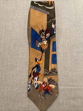 Vintage Warner Bros. Green and Tan Tie with Looney Tunes Basketball Scene